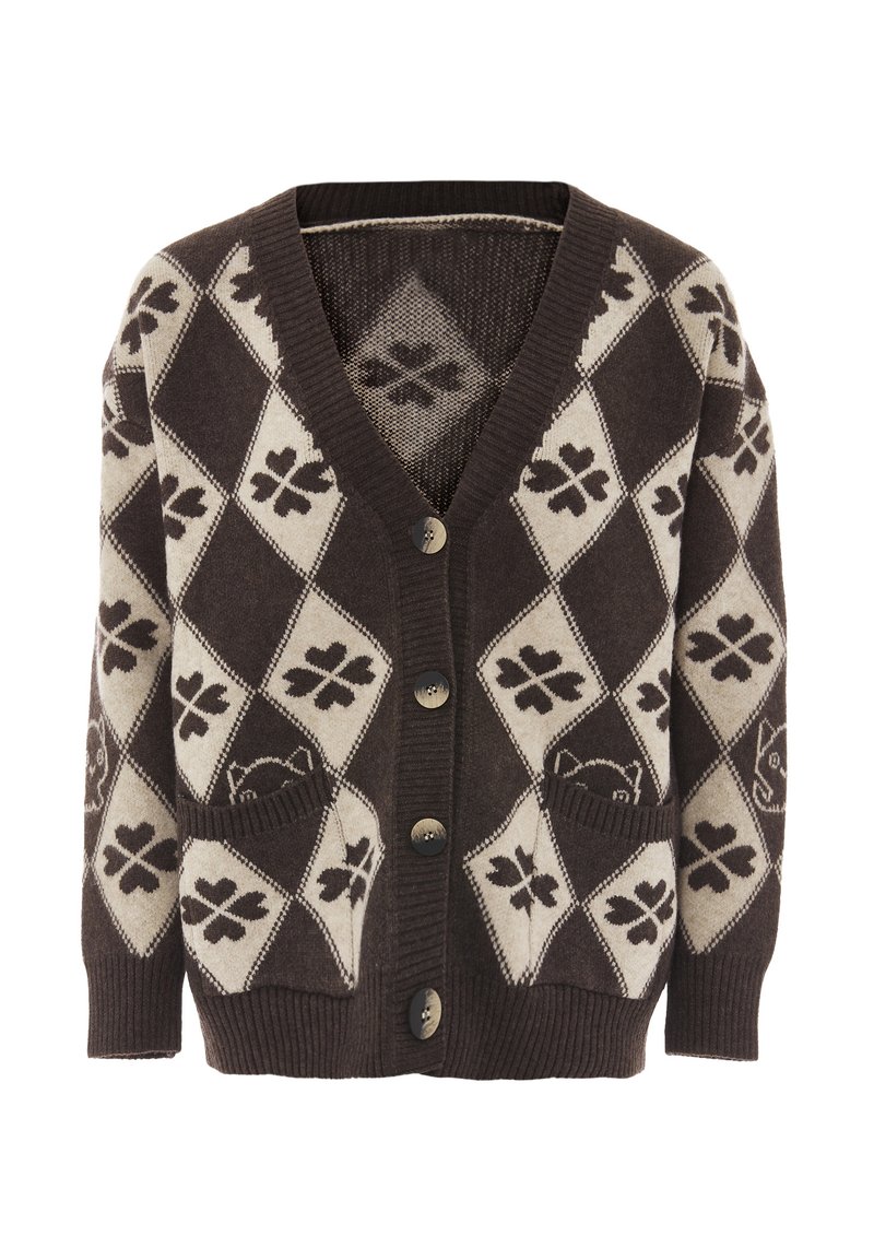Hnědo-krémový vzorovaný cardigan s diamantovým designem, listovými motivy, výstřihem do V, pěti knoflíky a dvěma předními kapsami.