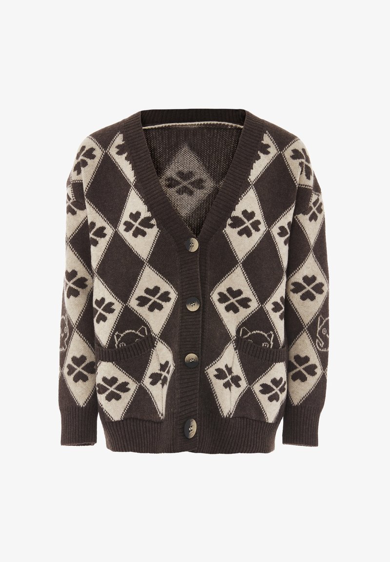 Barna és krém színű, gyémánt mintázatú kardigán, levél mintákkal, V-kivágással, öt gombbal és két elülső zsebbel.
