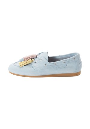 Light blue suede loafer with tan sole and decorative pastel tassels on top, side view.