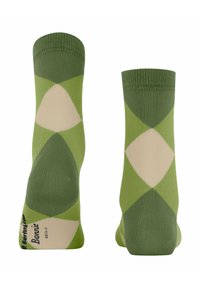 Chaussettes à motif argyle vert, présentant diverses nuances de vert et de beige. Fabriquées en matériau doux avec des bords côtelés et des talons renforcés.