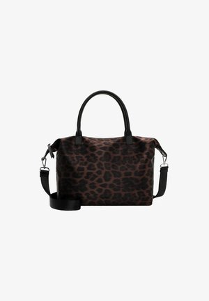 Leopard print handbag in brown and black, featuring sturdy black handles, removable shoulder strap, and sleek design with smooth texture.
