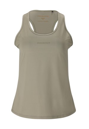 Mouwloos beige sportief tanktop met racerback ontwerp en "ENDURANCE" gedrukt op de borst en binnen in de achterkant van de hals.