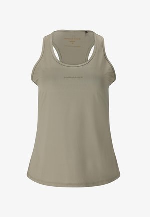 Mouwloos beige sportief tanktop met racerback ontwerp en "ENDURANCE" gedrukt op de borst en binnen in de achterkant van de hals.
