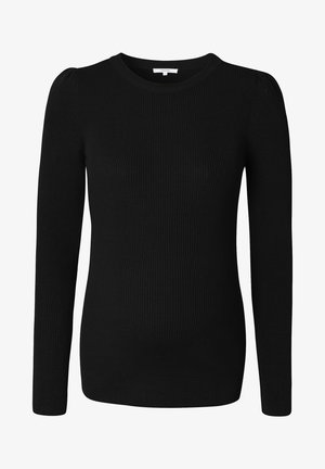 Sort ribbet langærmet top med rund halsudskæring og subtile puffærmer, med en glat tekstur og tætsiddende silhuet.