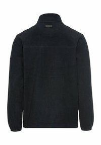 Schwarze Fleecejacke mit Kragen, langen Ärmeln und glatter Textur. Verfügt über eine Passe an der Rückseite und ein dezentes Markenschild.