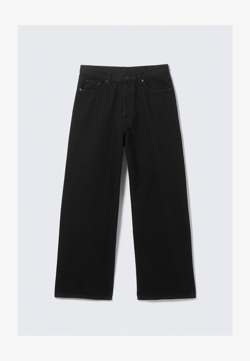Black wide-leg trousers made from denim, featuring a classic five-pocket design and a structured waistband with belt loops.