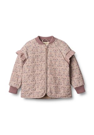 Chaqueta bomber acolchada en rosa apagado con patrón floral, puños y cuello acanalados, y detalles de volantes en los hombros. Cierre completo con cremallera.