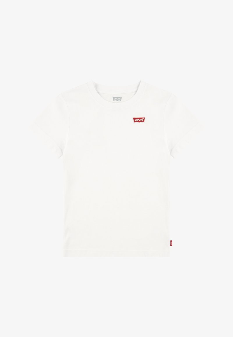Baltas medvilninis trumpomis rankovėmis marškinėlis su nedideliu raudonu Levi's logotipu ant krūtinės. Klasikinė apvali apykaklė; minkšta tekstūra.