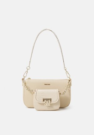 Beige leather handbag with a textured mini pouch, chain strap, and gold-tone hardware. The design features a front logo and a zip closure.