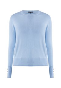 Maglione azzurro chiaro realizzato in morbido tessuto a maglia. Presenta un collo rotondo, maniche lunghe con dettagli in bottone sui polsini e un orlo dritto.