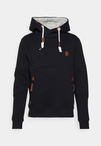 Felpa con cappuccio nera con fodera interna grigia a contrasto. Presenta cuciture diagonali, accenti in pelle marrone e cordoncini bianchi regolabili.