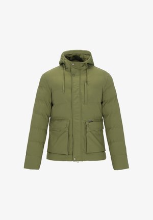 Oliivinvihreä toppatakki, jossa on huppu, nepparikiinnitys ja vetoketju, kaksi etutaskua ja eristävä tikattu kuvio.