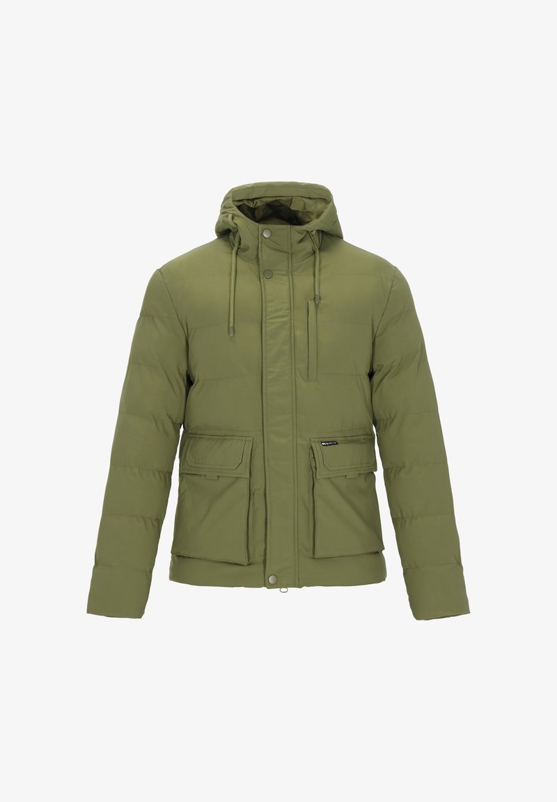 Kurtka puchowa w oliwkowej zieleni z kapturem, zapięciem na zatrzaski i suwak, dwoma przednimi kieszeniami oraz pikowanym wzorem dla izolacji termicznej.