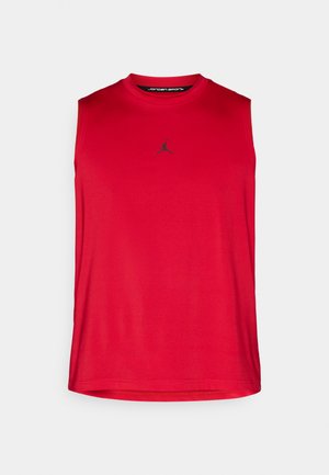 Red sleeveless sports shirt made of smooth fabric, featuring a round neckline and a black Jordan logo centered on the chest.