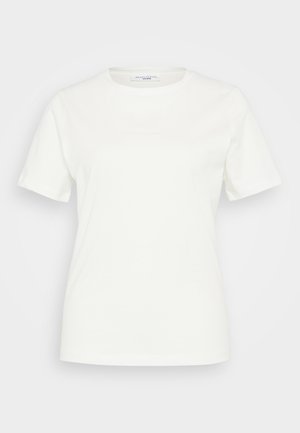 White cotton t-shirt with a crew neckline and short sleeves. No prominent patterns or accents are visible on the front.