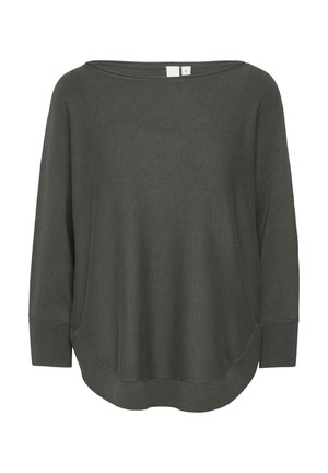 Dunkelgrüner, weit geschnittener Pullover mit lockerer Passform. Hergestellt aus weichem, strukturiertem Stoff, der lange Ärmel und einen abgerundeten Saum hat.