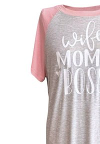 T-shirt grigia e rosa con la scritta "moglie mamma capo" in bianco, maniche raglan rosa corte, tessuto morbido con una texture melange.