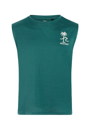 Groen mouwloos shirt van gestructureerde stof, met een ronde halslijn en een wit logo van een palmboom op de linkerborst.