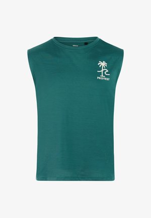 Groen mouwloos shirt van gestructureerde stof, met een ronde halslijn en een wit logo van een palmboom op de linkerborst.