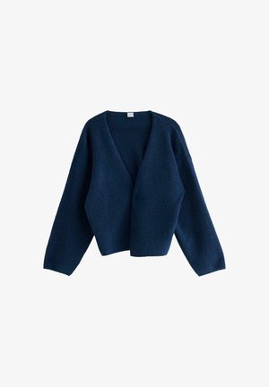 Mørkeblå langærmet cardigan med dyb V-hals og et afslappet, let tekstureret stof.