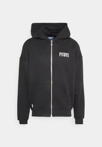Mustapikainen vetoketjuhuppari, jossa on etutaskut, ribattu hihansuut ja vasemmassa rinnassa valkoisella painettuna "PEQUS".