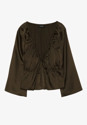 Blouse marron à manches longues avec un décolleté en V profond, des détails en tissu froncé et une taille à cordon. Texture lisse, semblable à du satin.