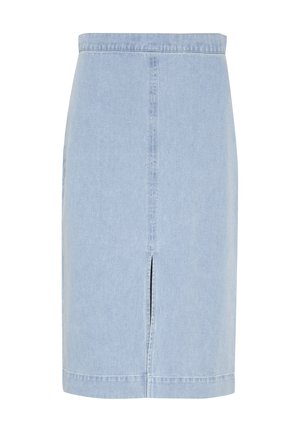 Lyseblå denimpenskirt med slids foran, rene sømme og et klassisk taljebånd. Glat tekstur med en struktureret pasform.