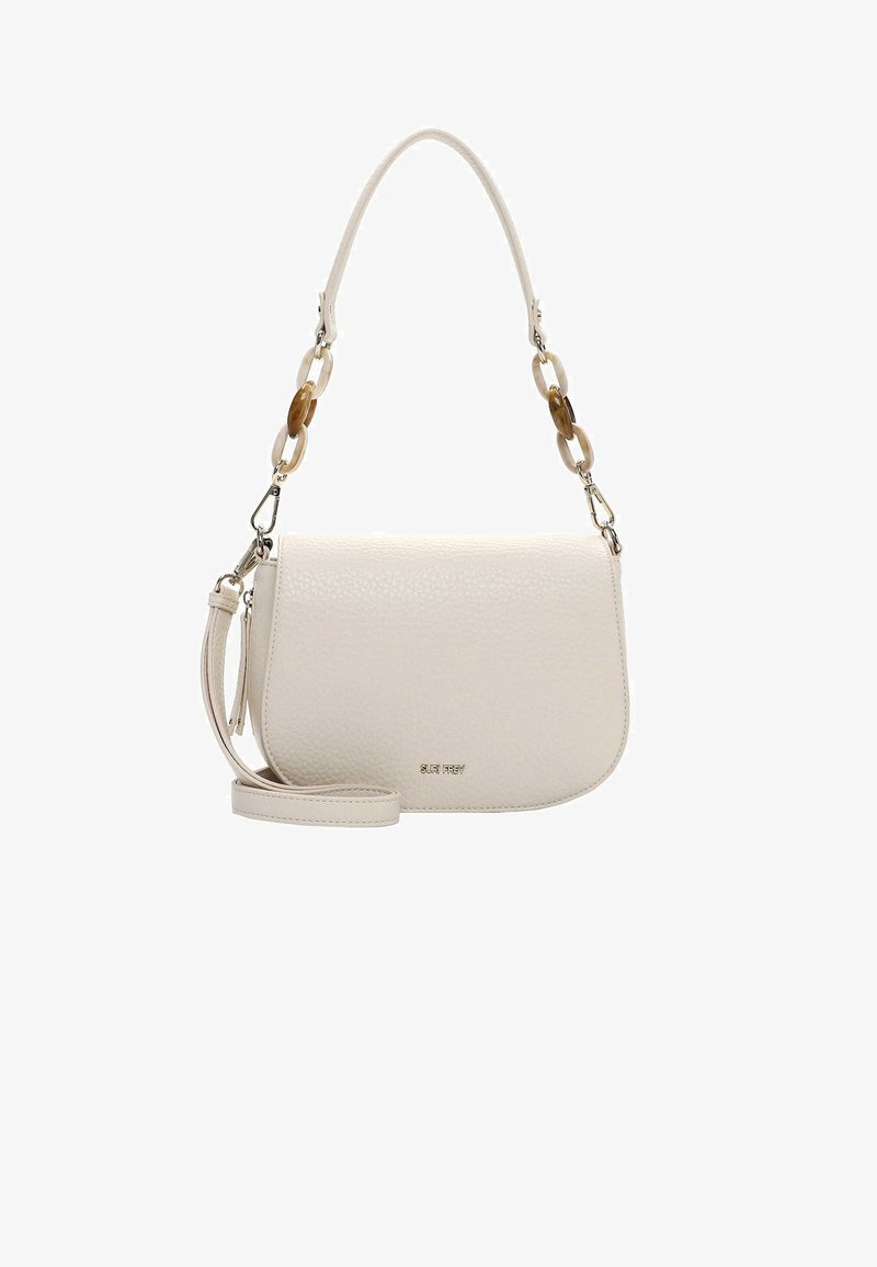 Borsa a mano in pelle panna con finitura testurizzata, dotata di tracolla con catena e tracolla a bandoliera rimovibile.