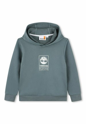 Sweat à capuche de couleur vert atténué, avec des poignets et un ourlet côtelés. Le graphisme à l'avant comprend un logo d'arbre et le texte "Timberland" en blanc.