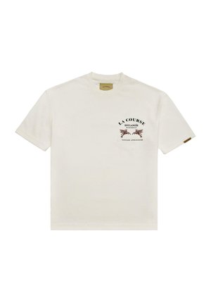 Cremefarvet bomulds t-shirt med korte ærmer, rund halsudskæring og et retro grafisk print med teksten "LA COURSE" og to bevingede figurer.