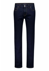Dunkelblaue Jeans aus Denim mit geradem Schnitt, ausgestattet mit einem klassischen Fünf-Taschen-Design, Knopfverschluss vorne und Kontrastnähten.