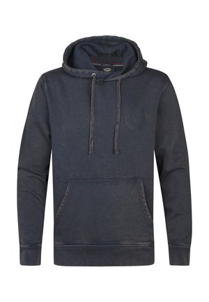 Sudadera azul marino de tejido suave, con un bolsillo tipo canguro, capucha con cordones y un logo sutil en el pecho. Puños y dobladillo acanalados.