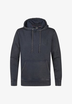 Marineblauwe hoodie van zachte stof, met een kangoeroezak, trekkoordcapuchon en subtiele logo op de borst. Ribgebreide manchetten en zoom.