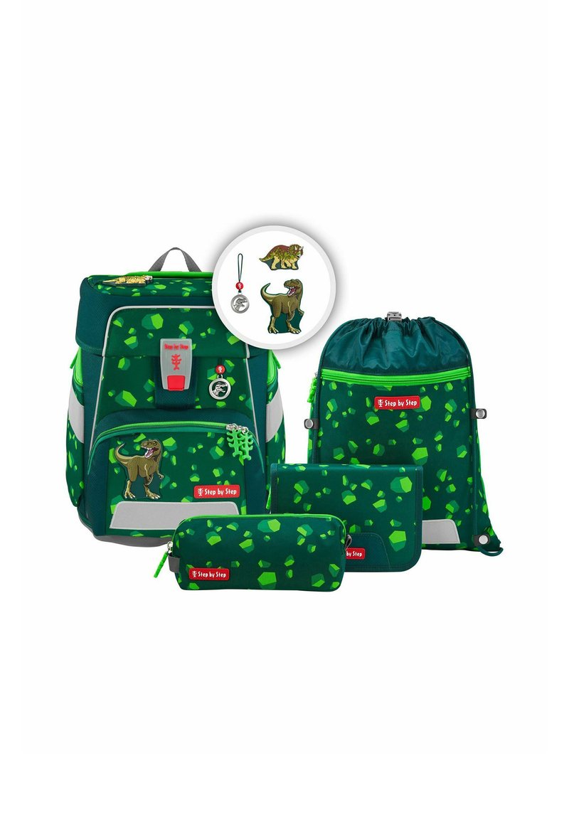 Rucksack-Set in Dunkelgrün mit leuchtend grünen geometrischen Mustern. Enthält einen Rucksack, einen Beutel mit Kordelzug, ein Federmäppchen und einen Schlüsselanhänger.