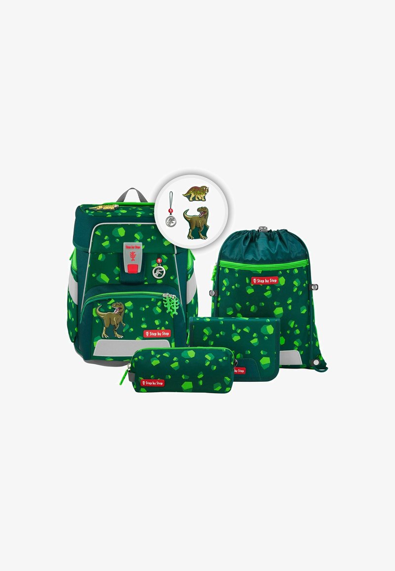 Rucksack-Set in Dunkelgrün mit leuchtend grünen geometrischen Mustern. Enthält einen Rucksack, einen Beutel mit Kordelzug, ein Federmäppchen und einen Schlüsselanhänger.
