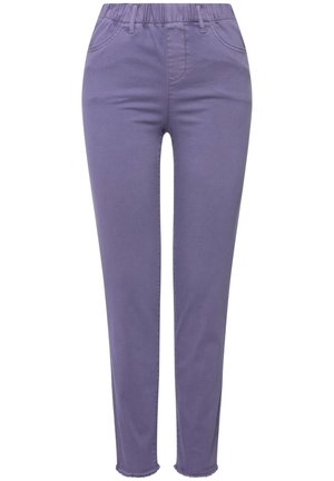 Lila dehnbare Hosen mit einem elastischen Bund, zwei vorderen Taschen und ausgefransten Säumen an den Knöcheln. Glattes Gewebe mit einer körpernahen Passform.