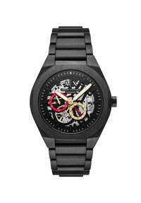 Czarny automatyczny zegarek ze stalową bransoletą. Mechanizm widoczny na tarczy z złotymi i czerwonymi akcentami. Wyraźne znaczniki godzin, minimalistyczny design.