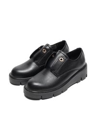 Mustat nahkakengät, joissa on sileä pinta, elastiset sivupaneelit ja tukeva kumipohja, jossa on uramalli. Korostavat kultaiset silmäkkeet.