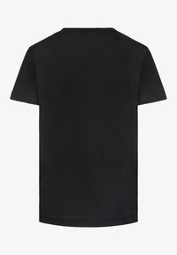 T-shirt nera in cotone con maniche corte, scollatura rotonda e una superficie liscia. Presenta un design semplice senza grafica o dettagli visibili.