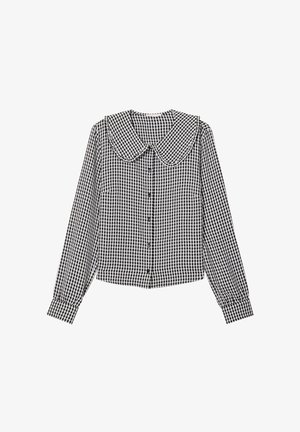 Schwarz-weiße karierte Bluse mit einem großen runden Kragen, langen Ärmeln, Knopfleiste und gerafften Manschetten. Maschinenwaschbarer Stoff.