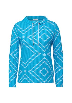 Blå sweatshirt med hvid geometrisk mønster, lange ærmer, hætte med snore, struktureret stof og en afslappet pasform.