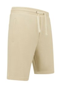 Beige sportieve shorts van zachte stof, met een trekkoord in de taille, zijzakken en een casual pasvorm met eenvoudige naden.