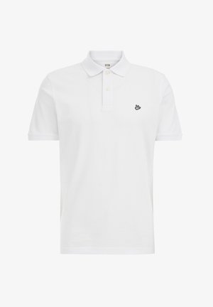 Weißes Polo-Shirt aus Baumwolle, mit klassischem Kragen, dreiknöpfiger Knopfleiste und kleinem schwarzen gesticktem Logo auf der Brust.