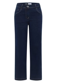 Pantalones de mezclilla oscura con un diseño de pierna recta, que cuentan con bolsillos delanteros, detalles de costura sutiles y un cierre de cremallera.
