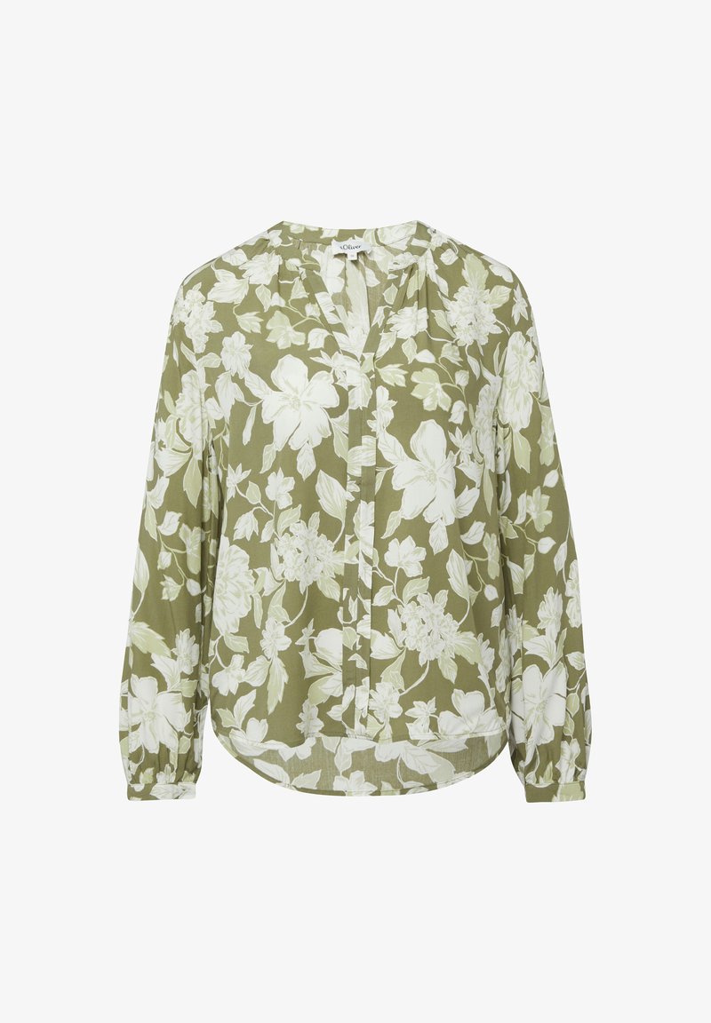 Bloemenblouse in olijfgroene stof met witte bloemenpatronen, voorzien van een V-hals, lange mouwen en een gebogen zoomlijn.