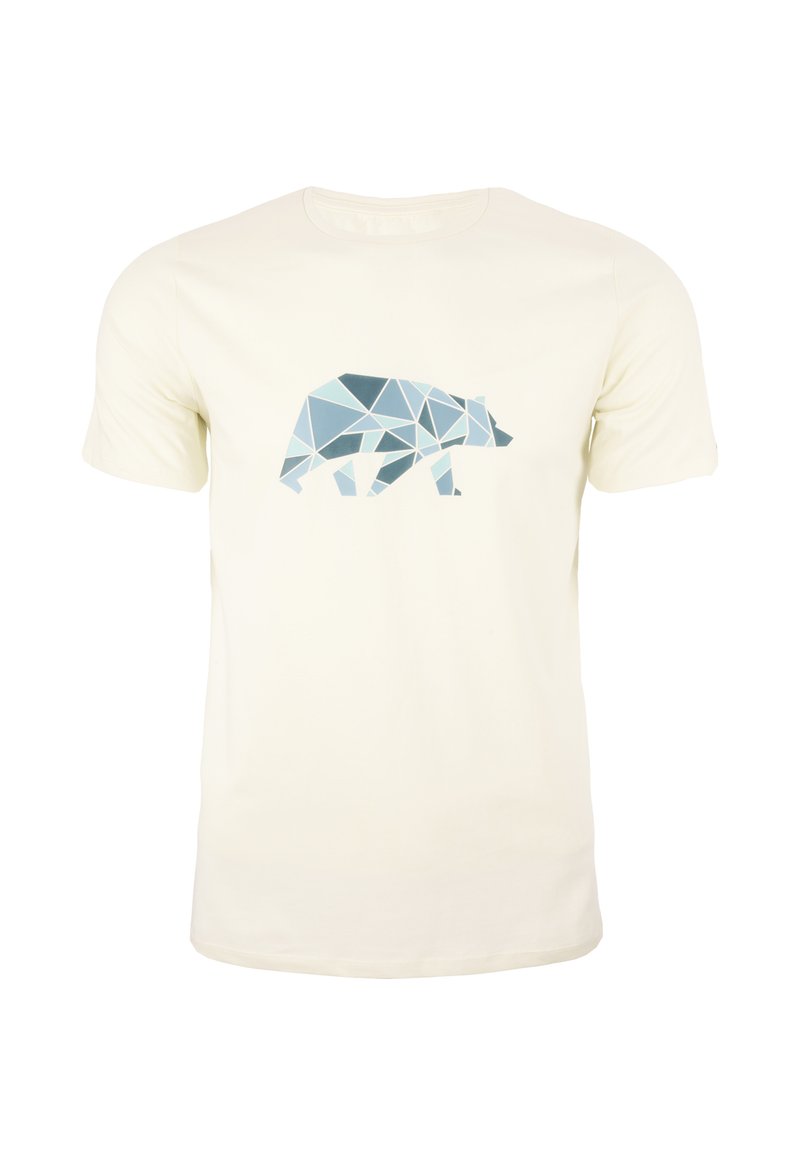Cremfarbendes T-Shirt mit einem geometrischen Bärendesign in Blautönen. Das Shirt hat eine klassische Passform mit kurzen Ärmeln und einem runden Ausschnitt.