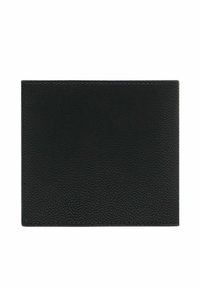 Billetera de cuero negro con una superficie texturizada, forma cuadrada y costuras visibles en los bordes. Diseño minimalista, sin detalles adicionales.