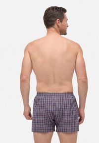 Hombre de pie, sin camiseta, mirando hacia atrás, vistiendo calzoncillos a cuadros azules y rojos contra un fondo blanco liso.