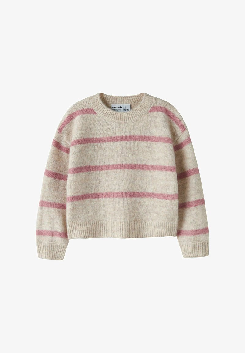 Pull en maille beige avec des rayures horizontales roses, manches longues, poignets et ourlet côtelés.