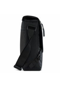 Borsa a tracolla nera con un design strutturato, realizzata in un tessuto resistente, dotata di una tracolla regolabile e tasche laterali per lo stoccaggio.